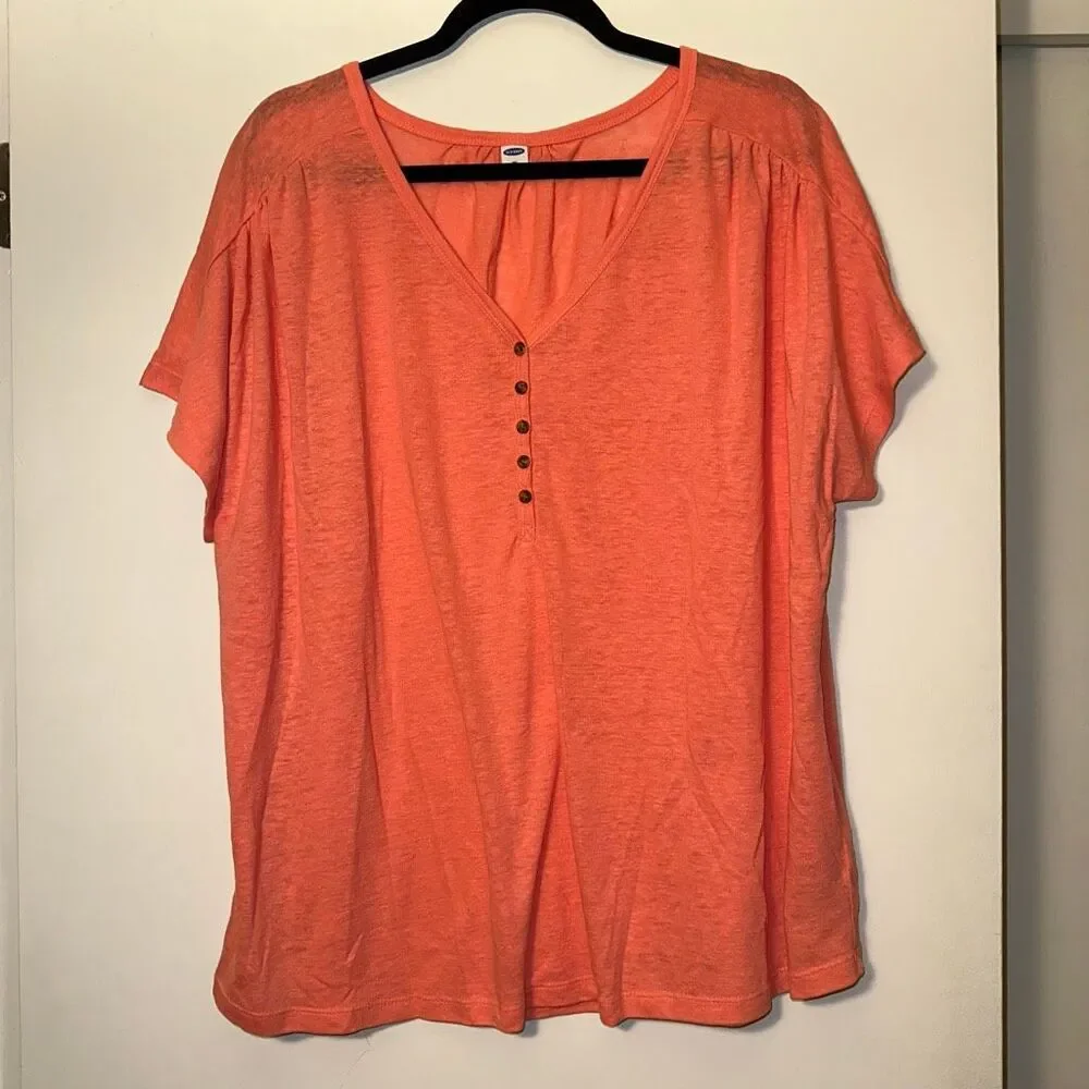Old Navy Women’s XXL Linen Blend Short Sleeve Quarter Button Shirt Coral NWOT
